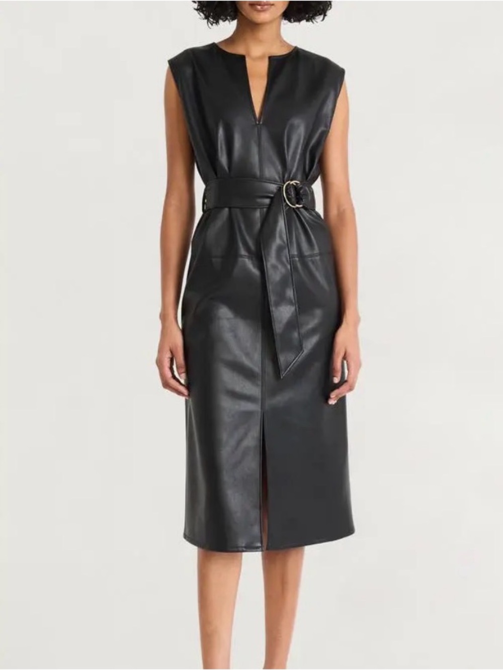 Sleeveless Black Faux Leather Midi Dress with Tie Belt